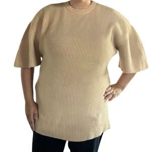 Ryan Roche 100% Cashmere Size 2 Oversized Tunic Short Sleeve Sweater Beige Tan